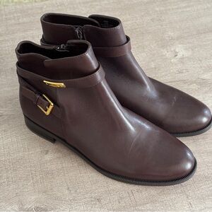 Ralph Lauren Borgia Ankle Boots Gold Signature Logo Buckle Brown Size 8.5